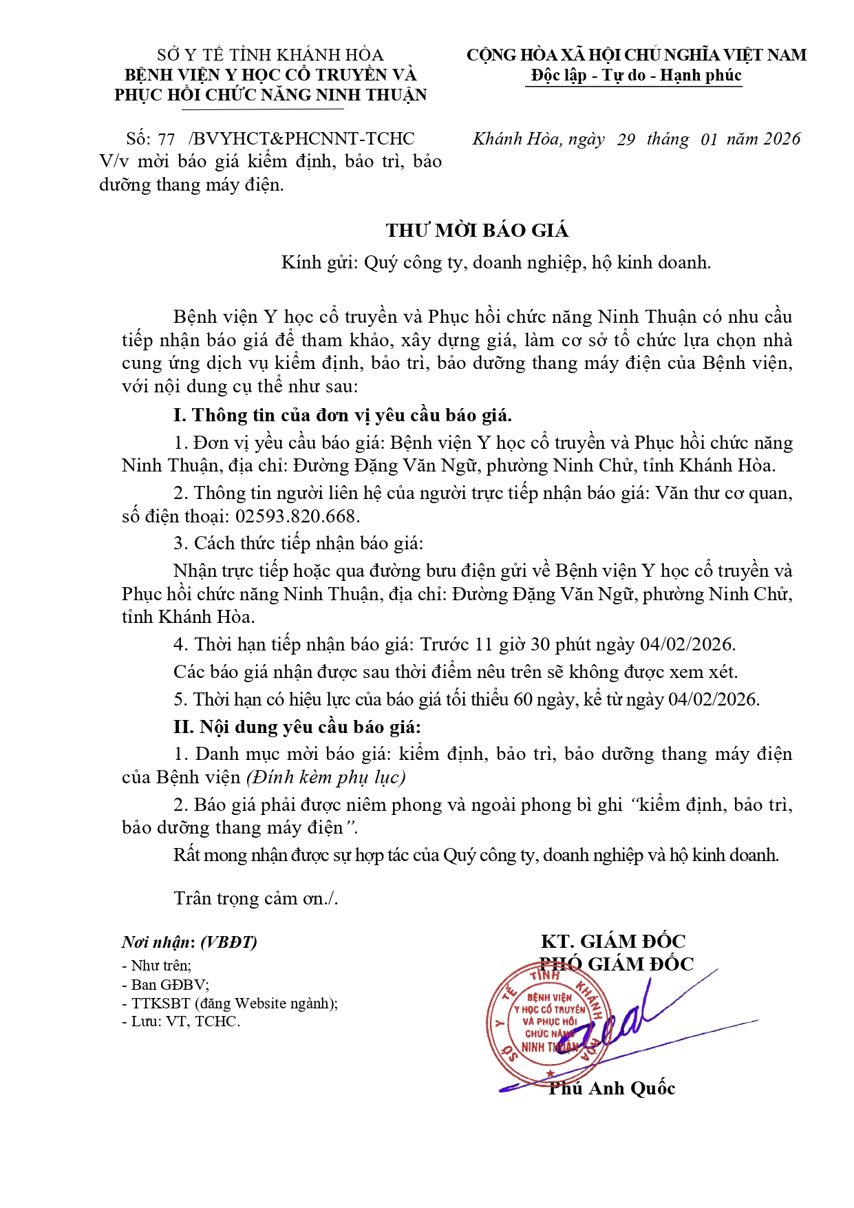 V/v mời báo giá kiểm định, bảo trì, bảo dưỡng thang máy điện.